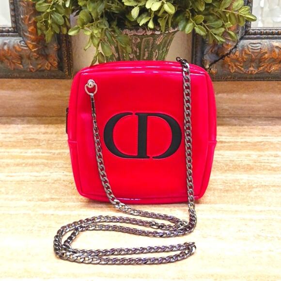 DIOR Crossbody RED w Chic Black Gunmetal Shoulder Chain converted CD Cosm. bag - Picture 9 of 16